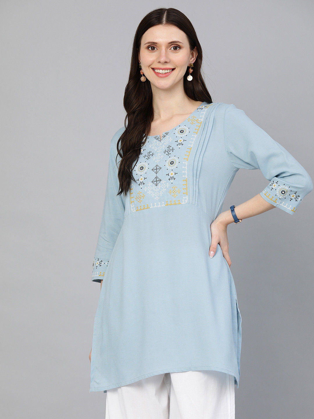 

ETIQUETTE Blue & White Ethnic Motifs Yoke Design Kurti
