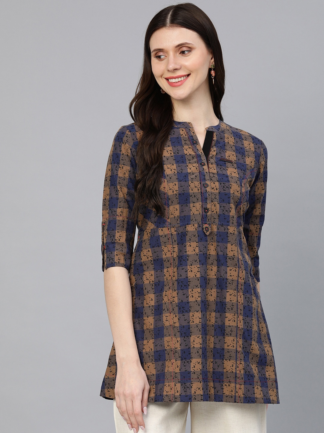 

ETIQUETTE Brown & Navy Blue Checked Kurti