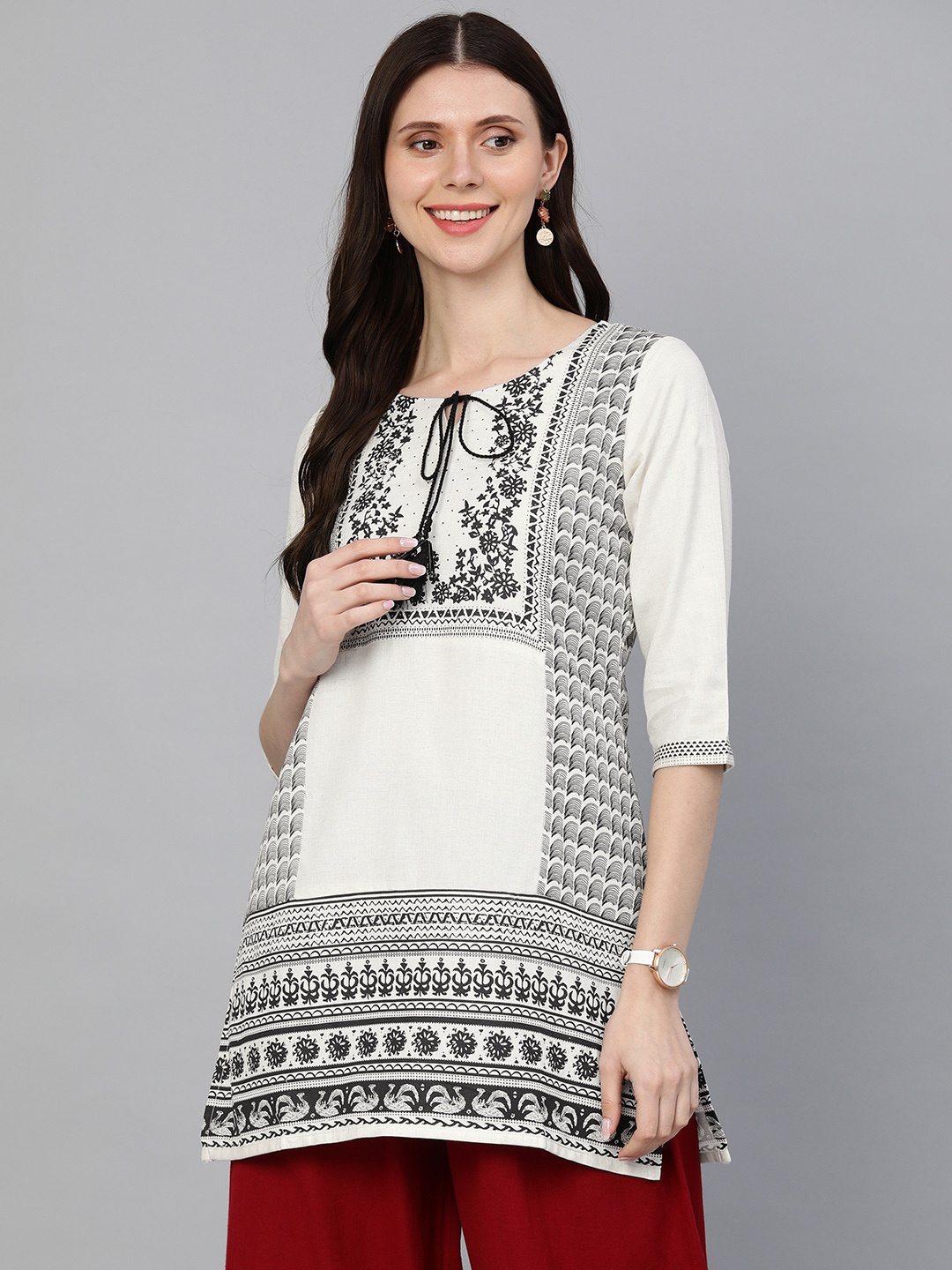 

ETIQUETTE White & Black Ethnic Motifs Yoke Design Kurti