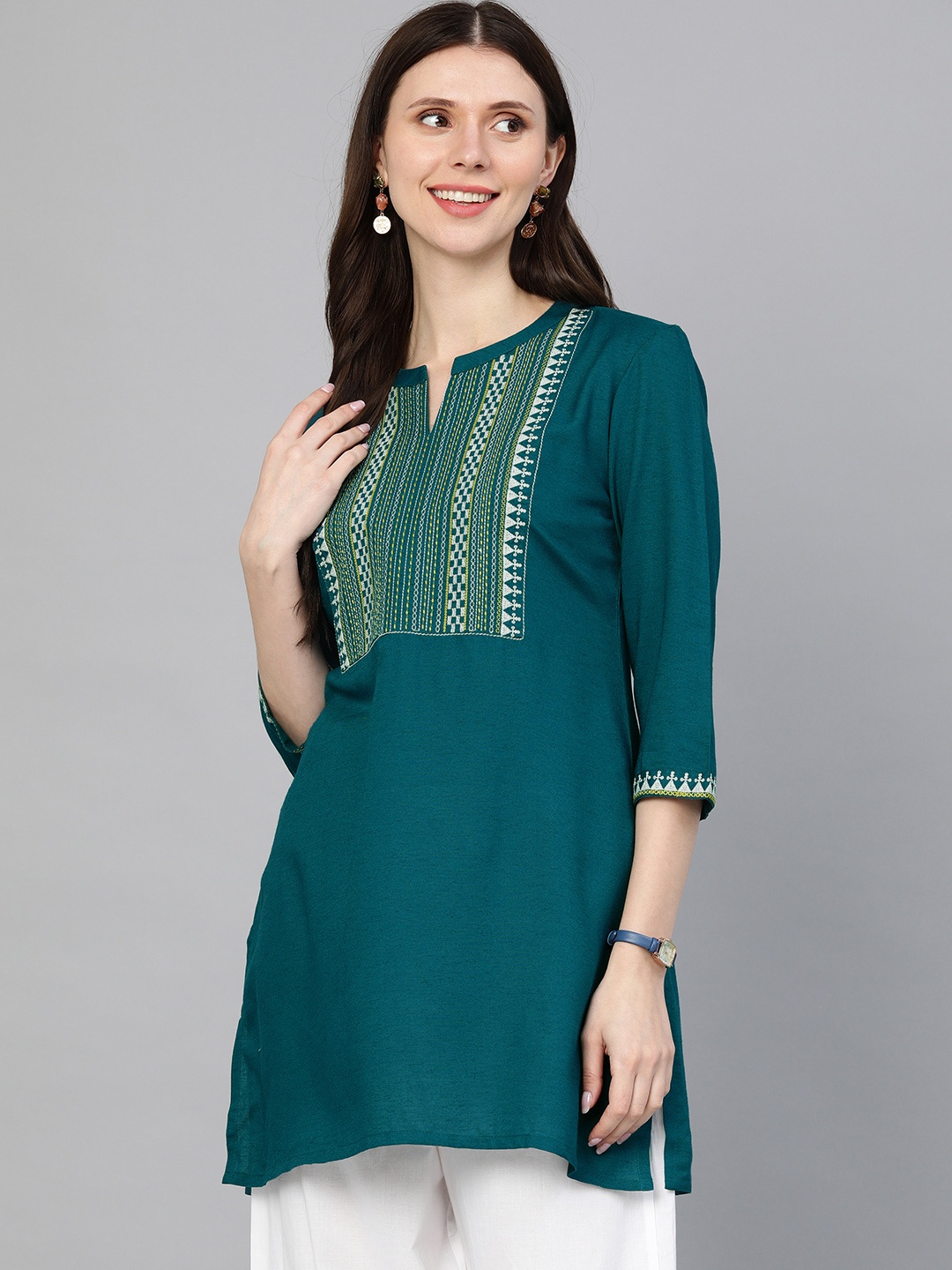 

ETIQUETTE Teal & Yellow Ethnic Motifs Yoke Design Kurti