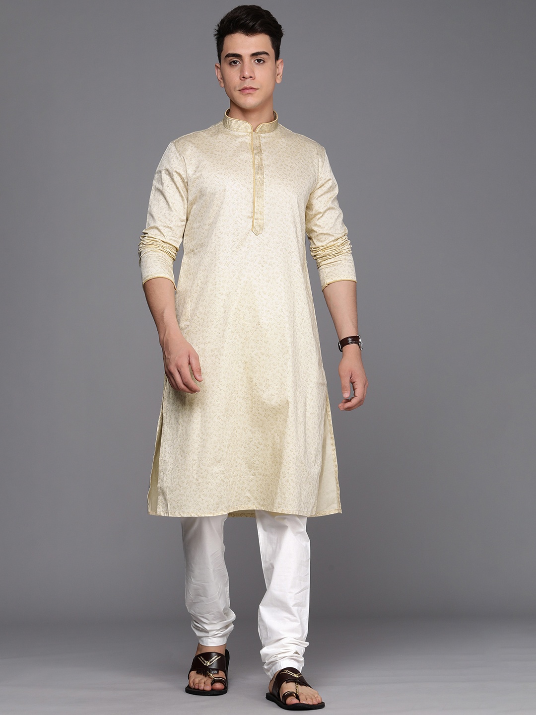 

Manyavar Men Beige Self Design Kurta with Churidar