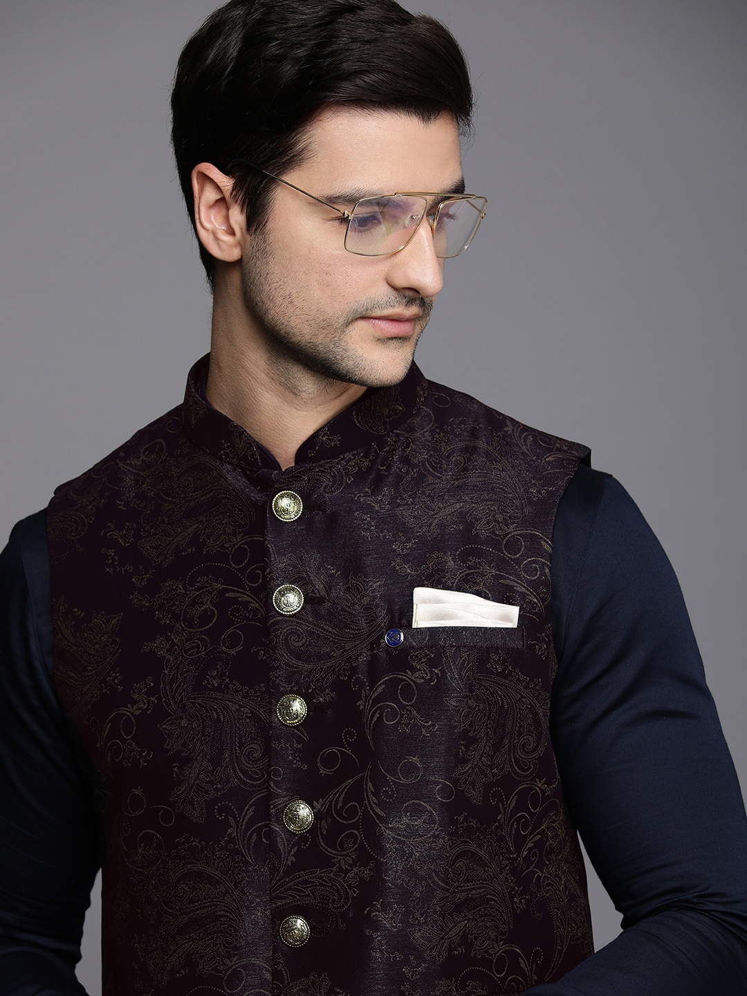 

Manyavar Men Navy Blue Printed Nehru Jacket