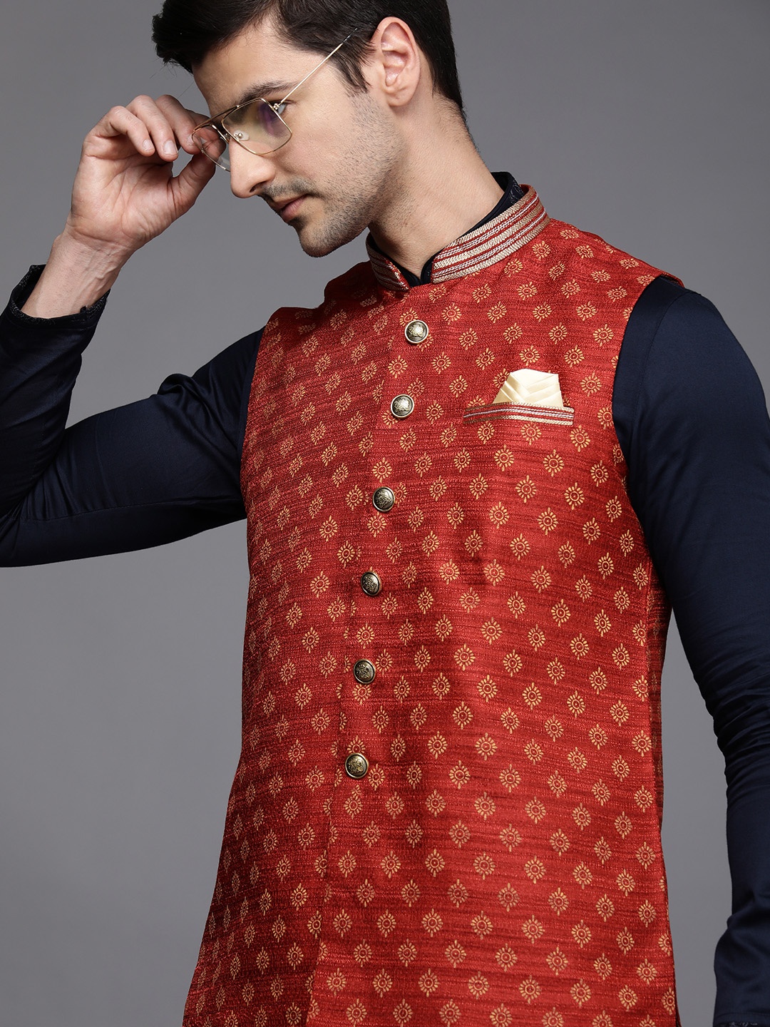 

Manyavar Men Red & Beige Printed Nehru Jacket