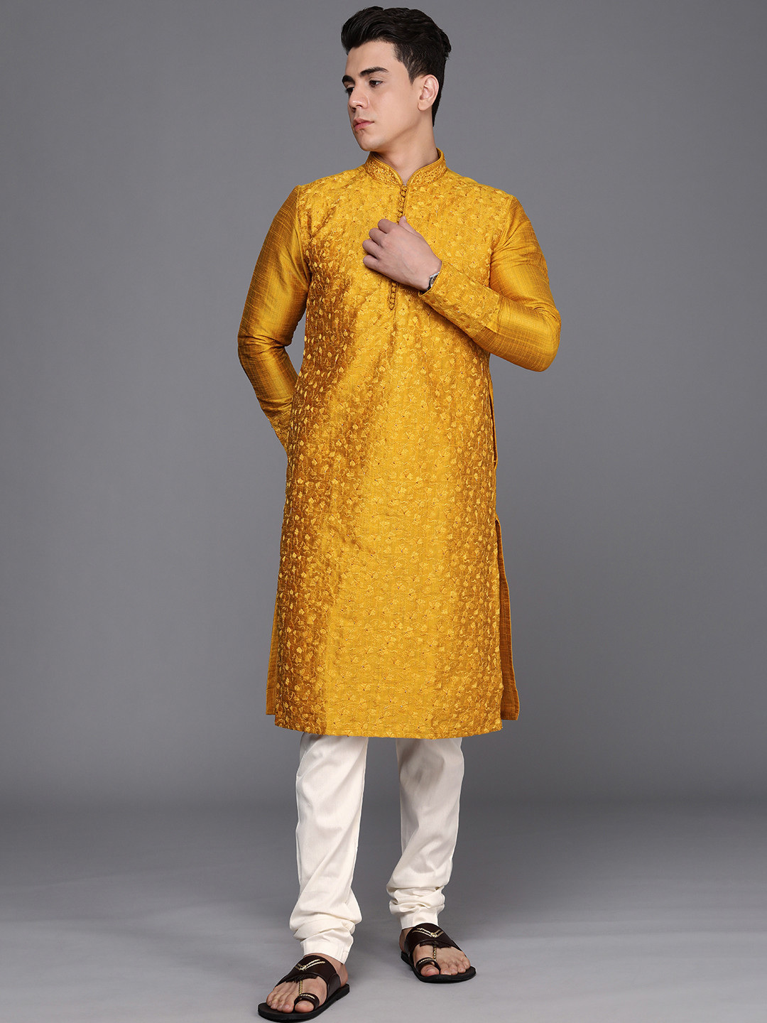 

Manyavar Men Orange Floral Embroidered Thread Work Kurta with Churidar