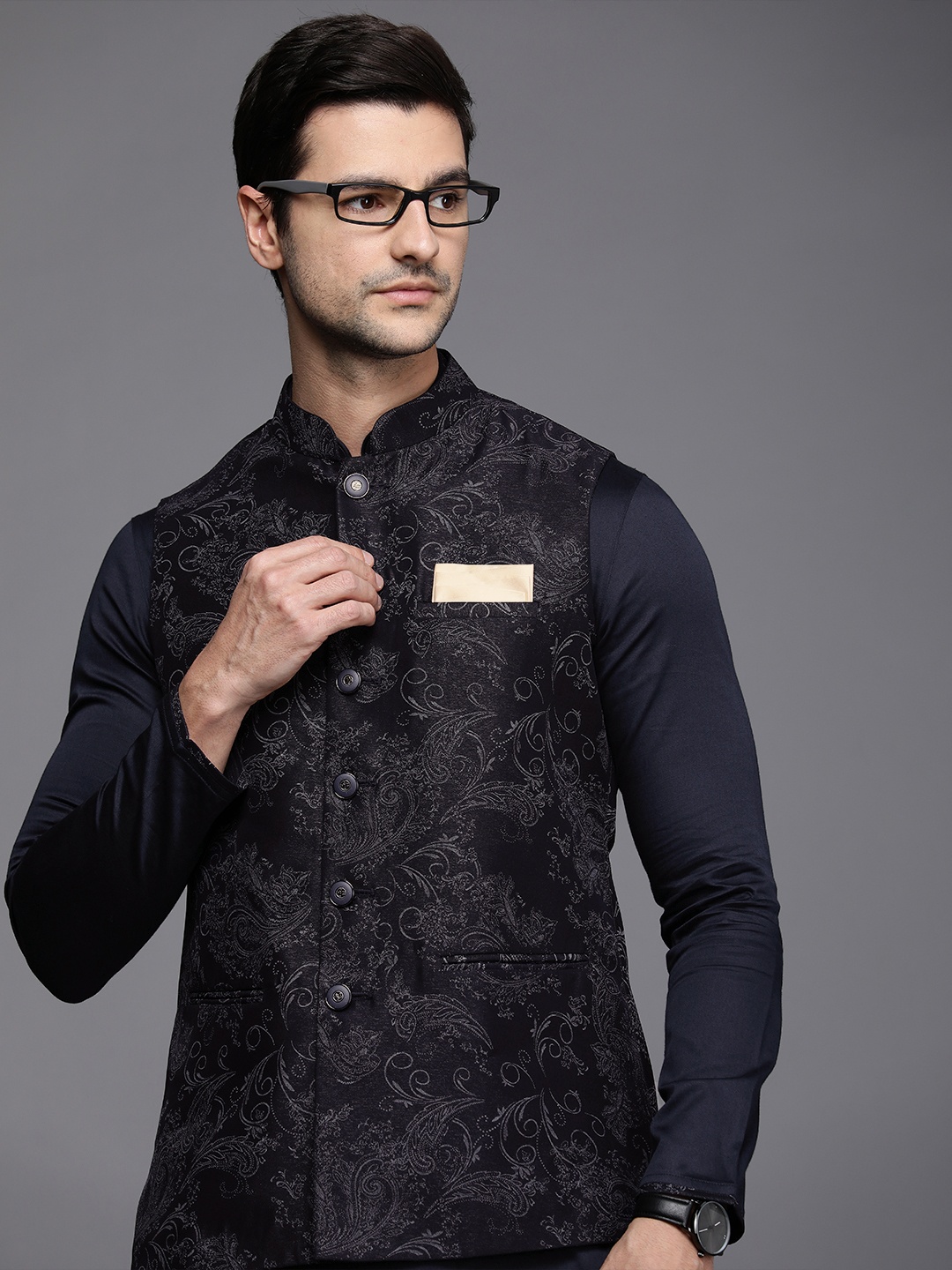 

Manyavar Men Navy Blue Kurta with Churidar & Nehru Jacket