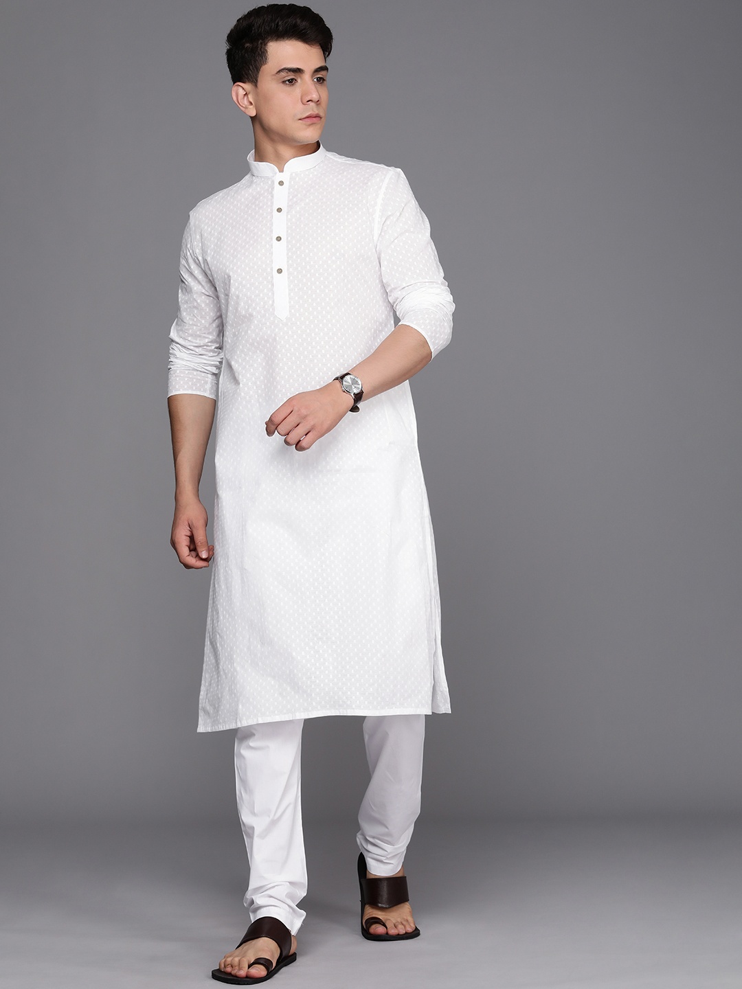 

Manyavar Men White Self Design Kurta with Pyjamas