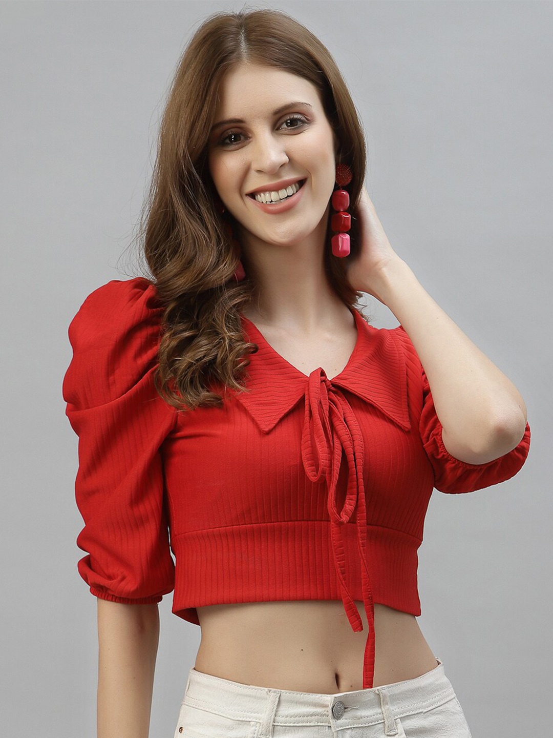 

Selvia Red Shirt Style Crop Top