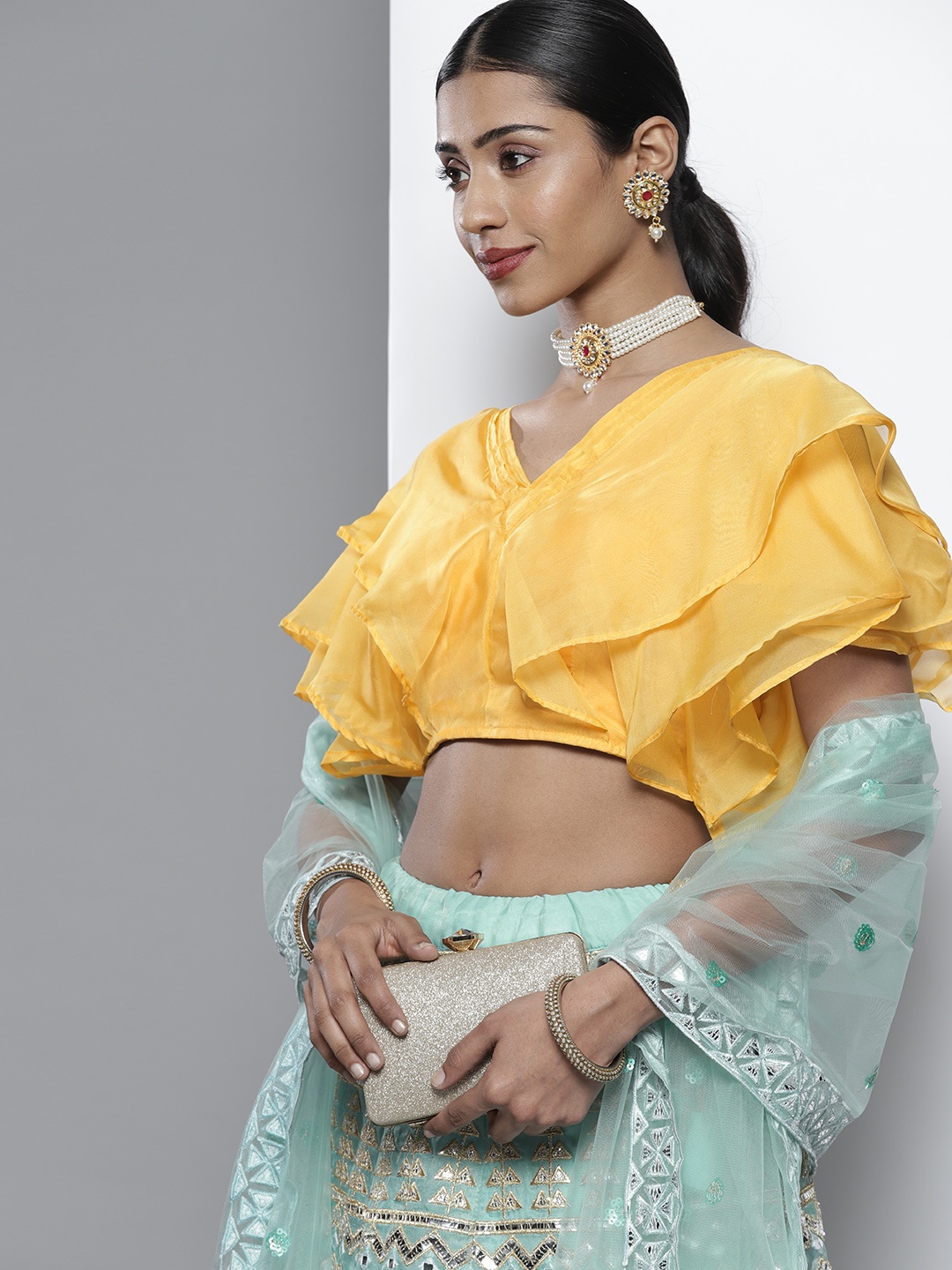 

DRESSTIVE Blue & Mustard Embroidered Unstitched Lehenga & Blouse With Dupatta