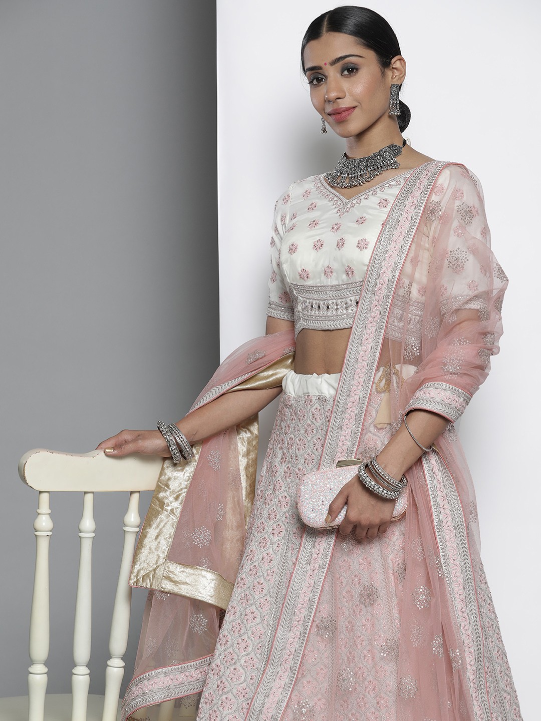 

DRESSTIVE Pink & White Embroidered Semi-Stitched Lehenga & Unstitched Blouse With Dupatta