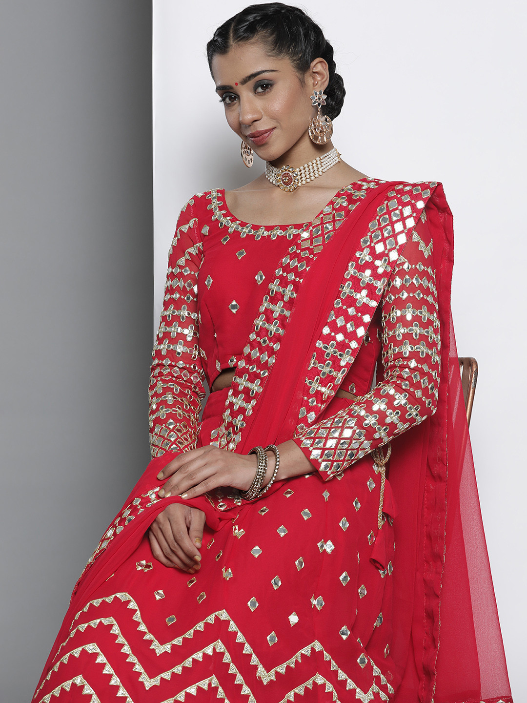 

DRESSTIVE Red & Silver Embroidered Mirror Work Unstitched Lehenga & Blouse With Dupatta