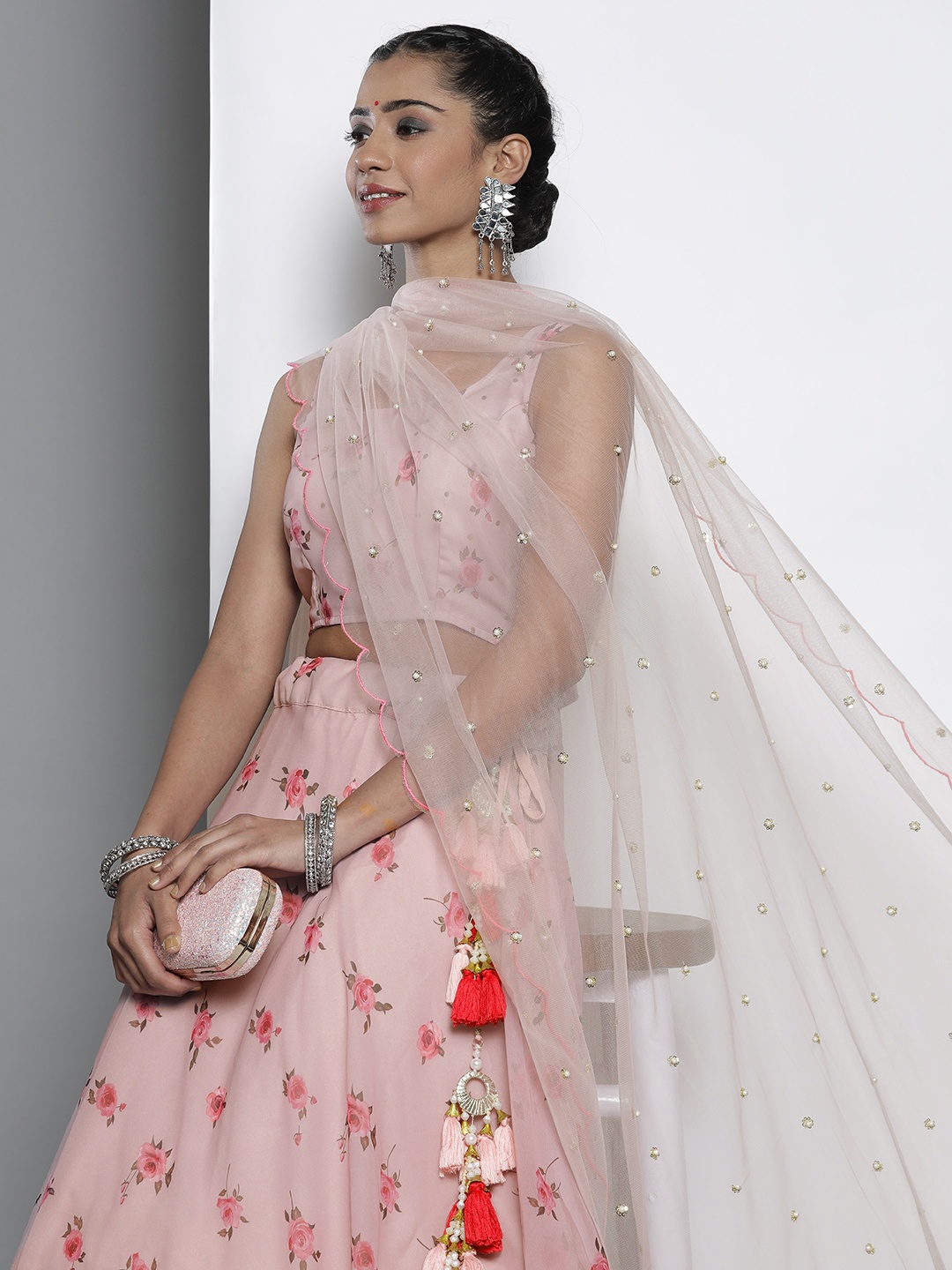

DRESSTIVE Pink Printed Unstitched Lehenga & Blouse With Dupatta