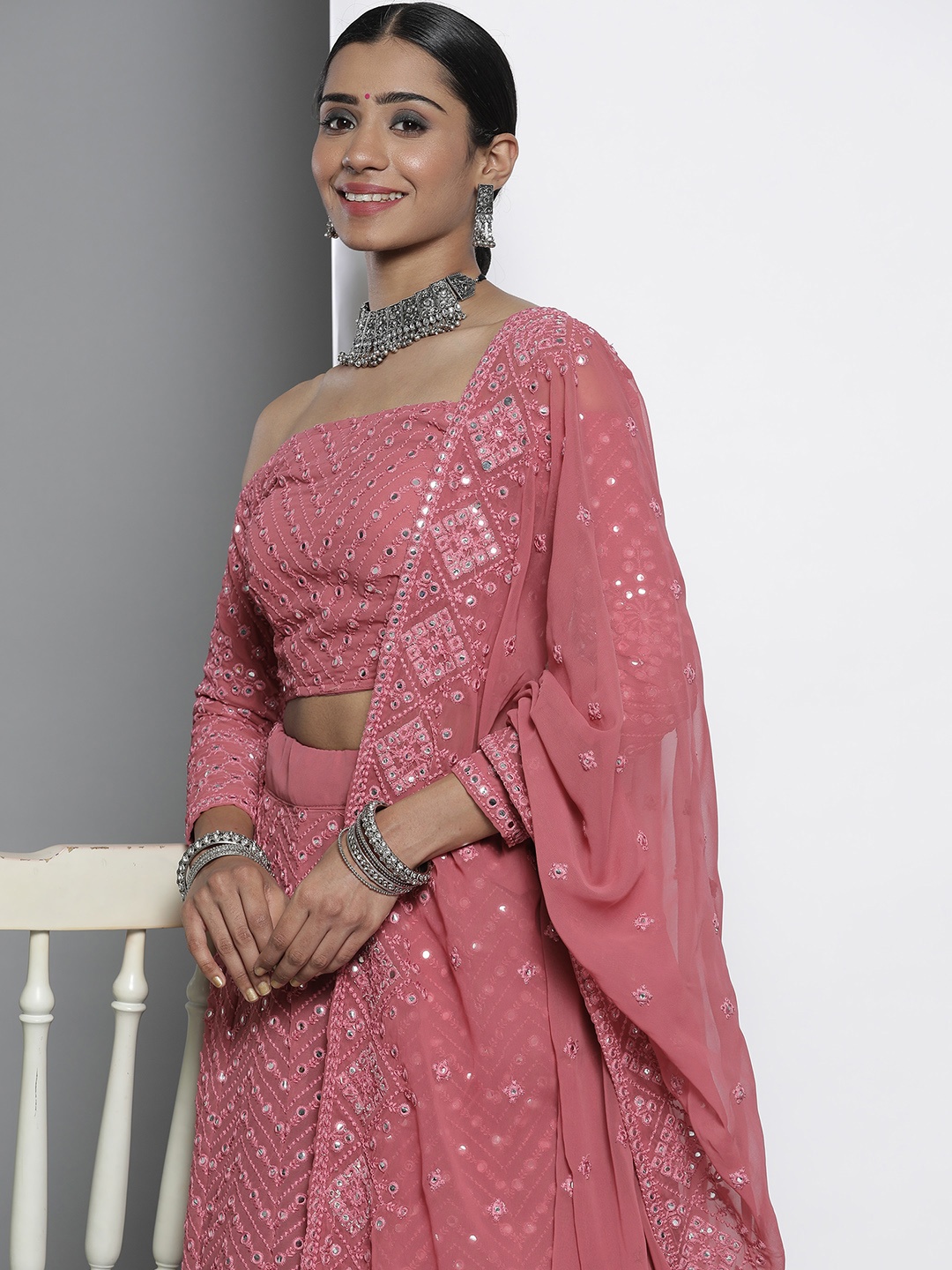

DRESSTIVE Pink Mirror Work Semi-Stitched Lehenga & Unstitched Blouse With Dupatta