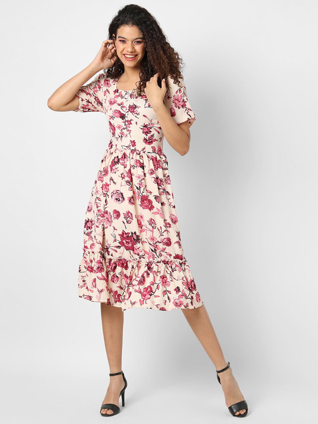 

Campus Sutra Peach-Coloured Floral Midi Dress