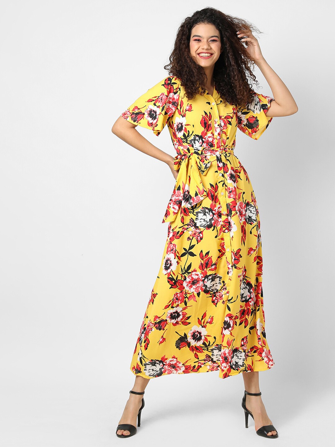 

Campus Sutra Women Yellow Floral Printed A-Line Maxi Dress