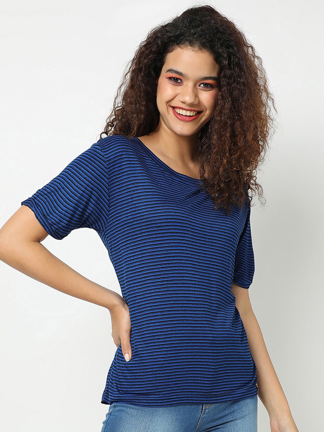 

Campus Sutra Blue Striped Pure Cotton Regular Top