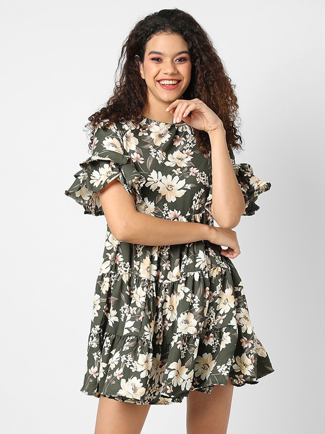 

Campus Sutra Women Green Floral Printed A-Line Mini Dress