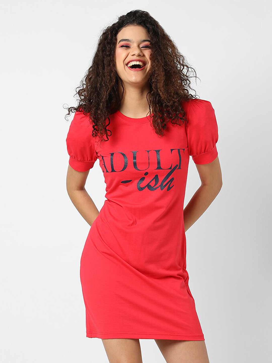 

Campus Sutra Red & Navy Blue Printed Cotton T-shirt Mini Dress