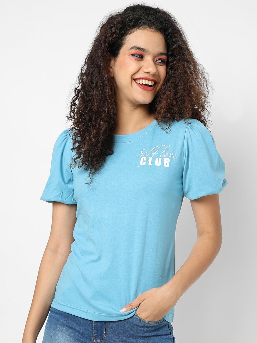 

Campus Sutra Women Blue & White Solid Round Neck Cotton Regular Top