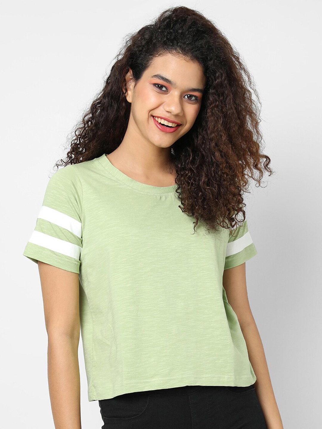 

Campus Sutra Women Sage Green & White Pure Cotton Top