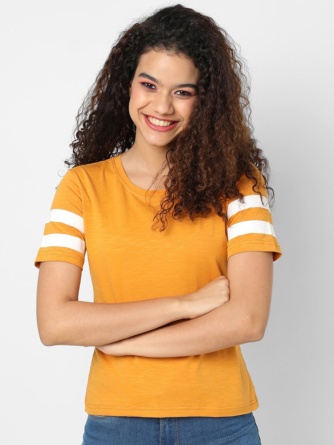 

Campus Sutra Women Mustard Yellow Striped Cotton Top