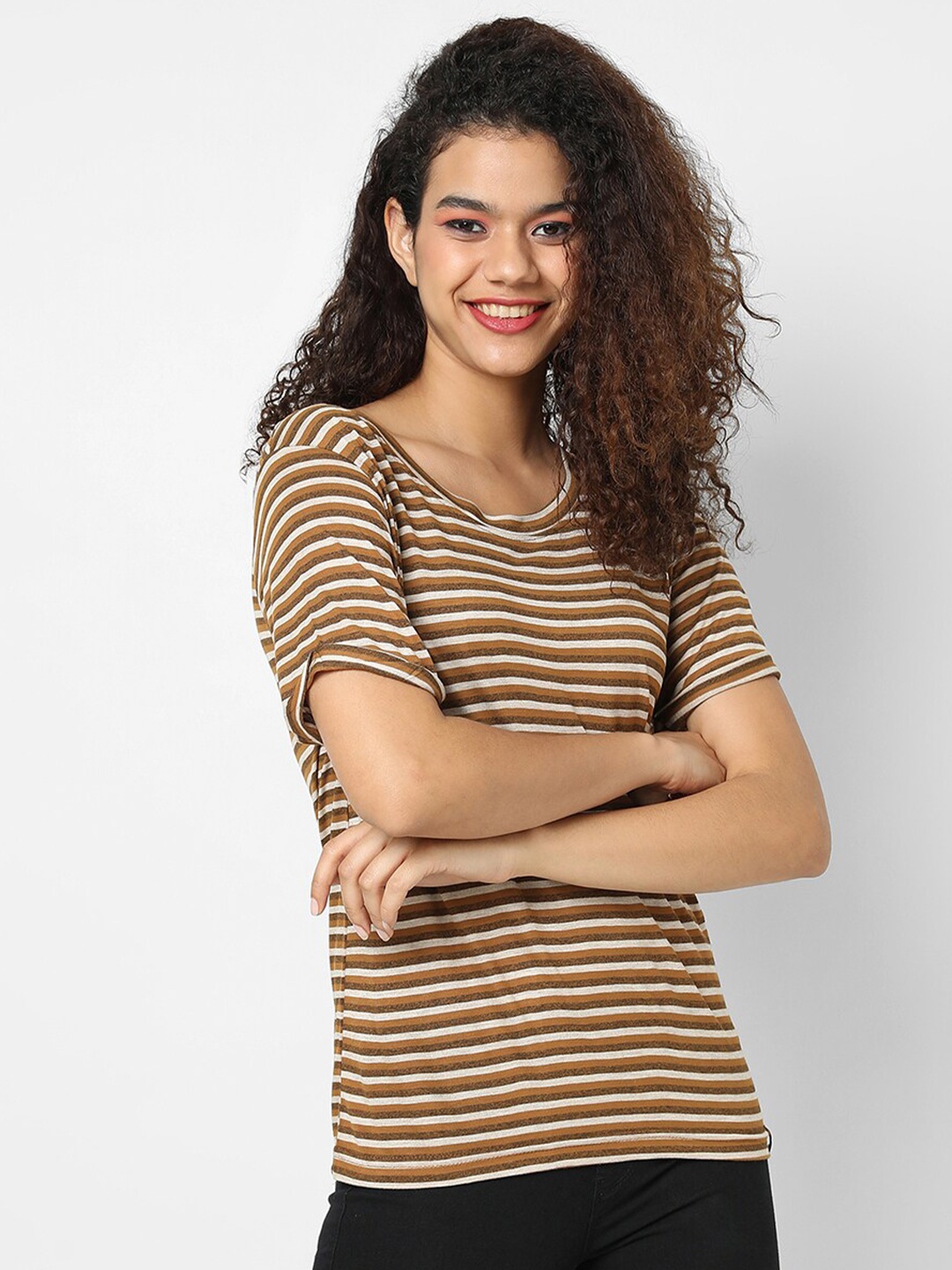 

Campus Sutra Women Brown & Beige Striped Drop-Shoulder Sleeves Pure Cotton T-shirt