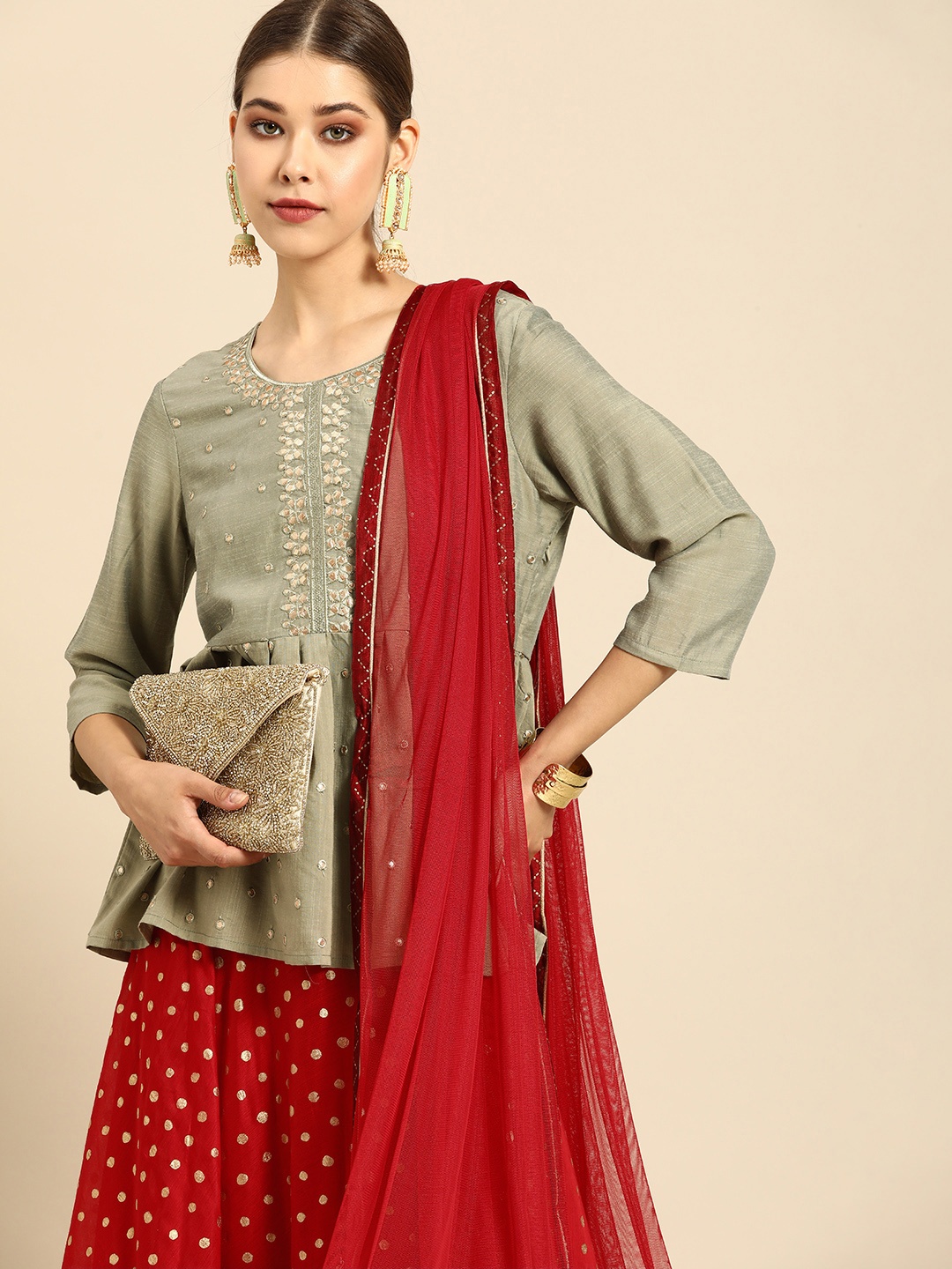 

Anouk Grey & Red Embroidered Ready to Wear Lehenga & Blouse With Dupatta