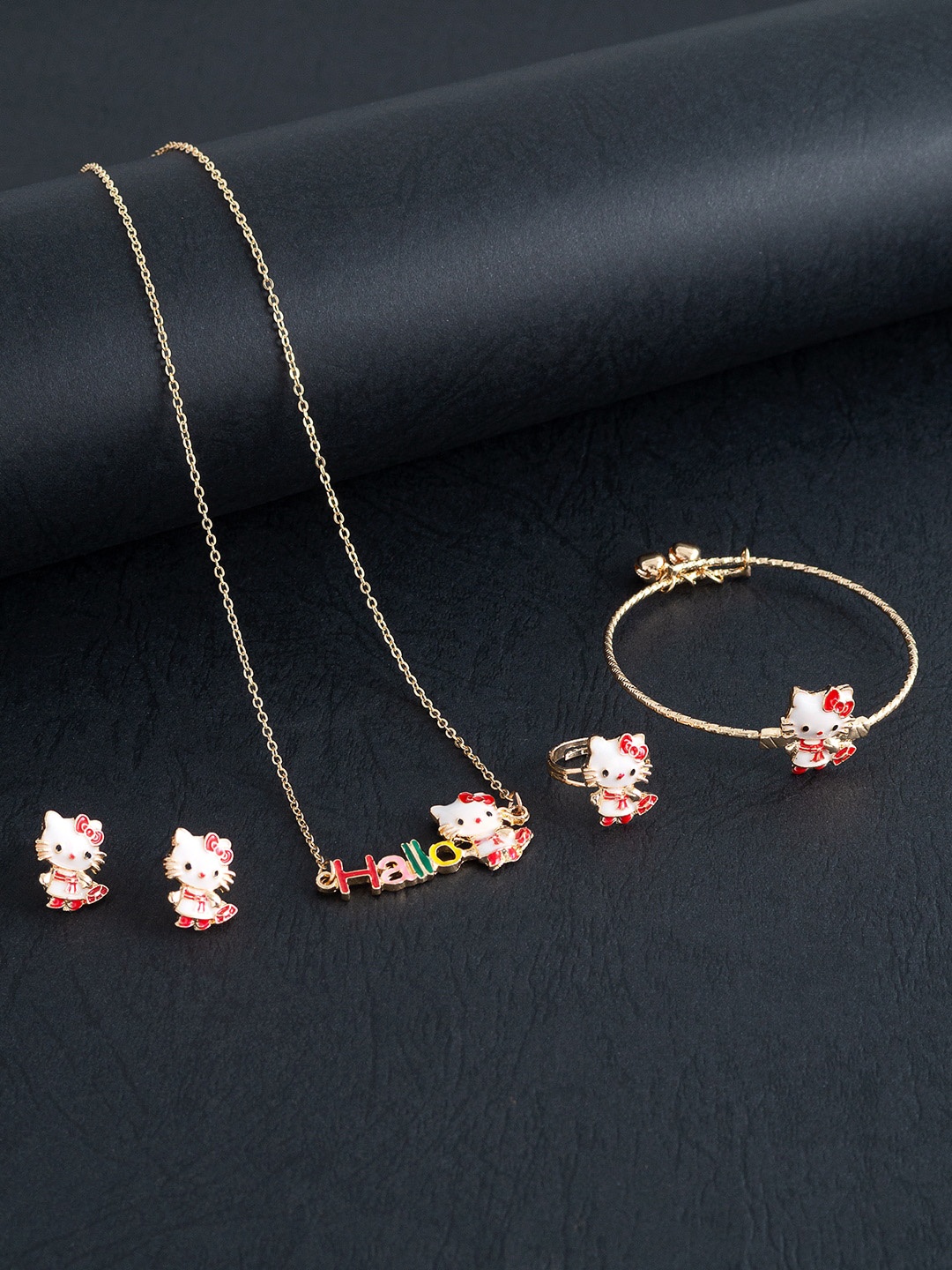 

Golden Peacock Gold-Toned & White Kitty Charm Pendant Jewellery Set