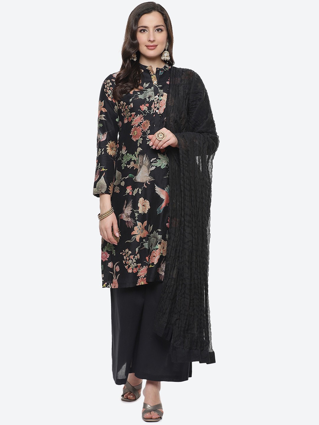 

Biba by Rohit Bal by Rohit Bal Women Black Floral Printed Chanderi Silk Kurta with Sharara & Dupatta
