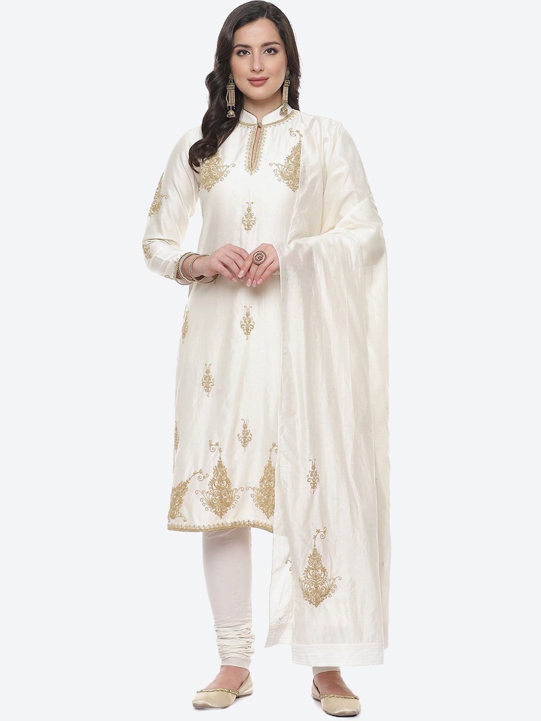 

Biba by Rohit Bal Off White Motifs Embroidered Chanderi Silk Kurta with Churidar & Dupatta