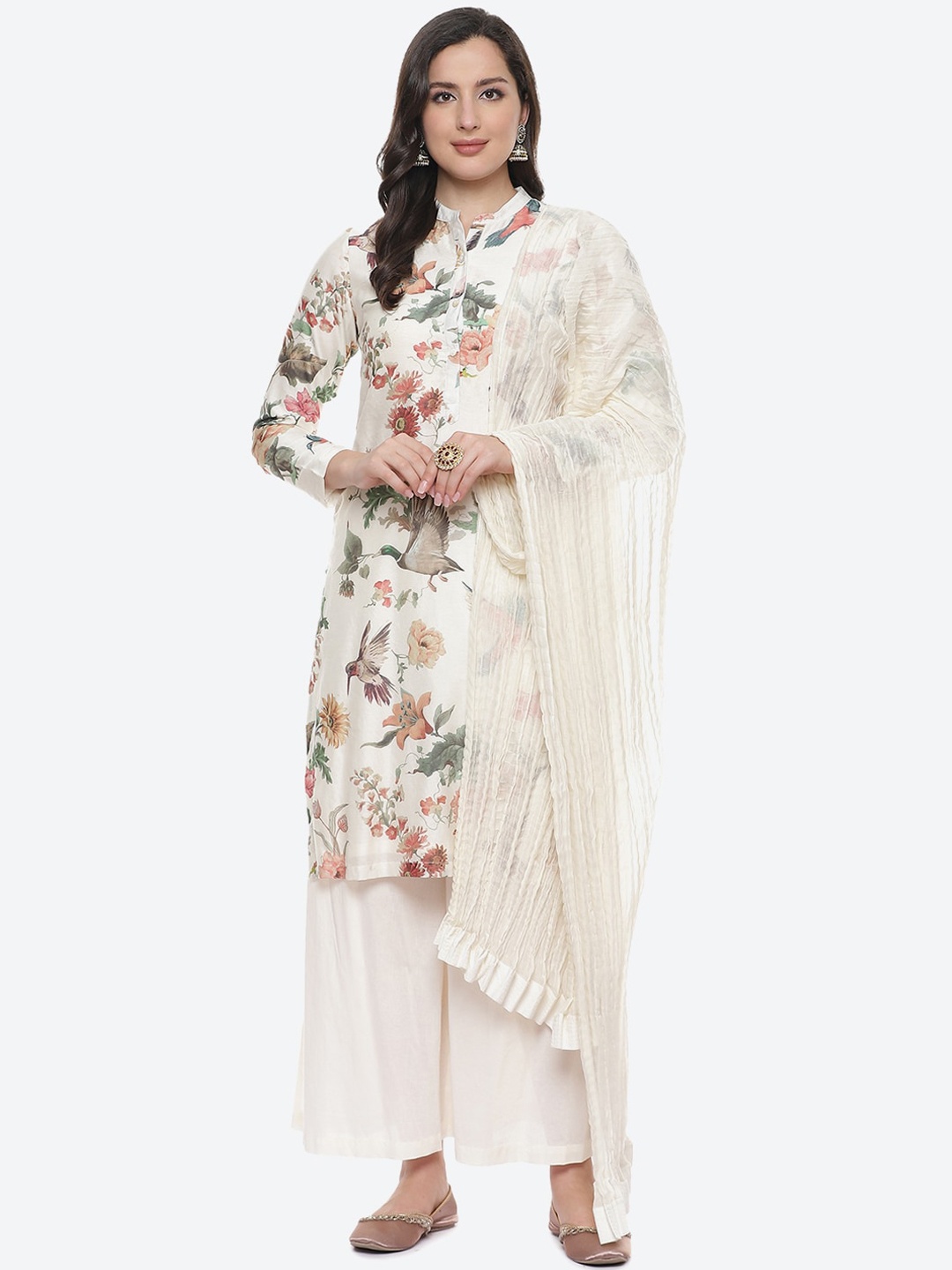 

Biba by Rohit Bal Off White Floral Printed Chanderi Silk Kurta with Palazzos & Dupatta