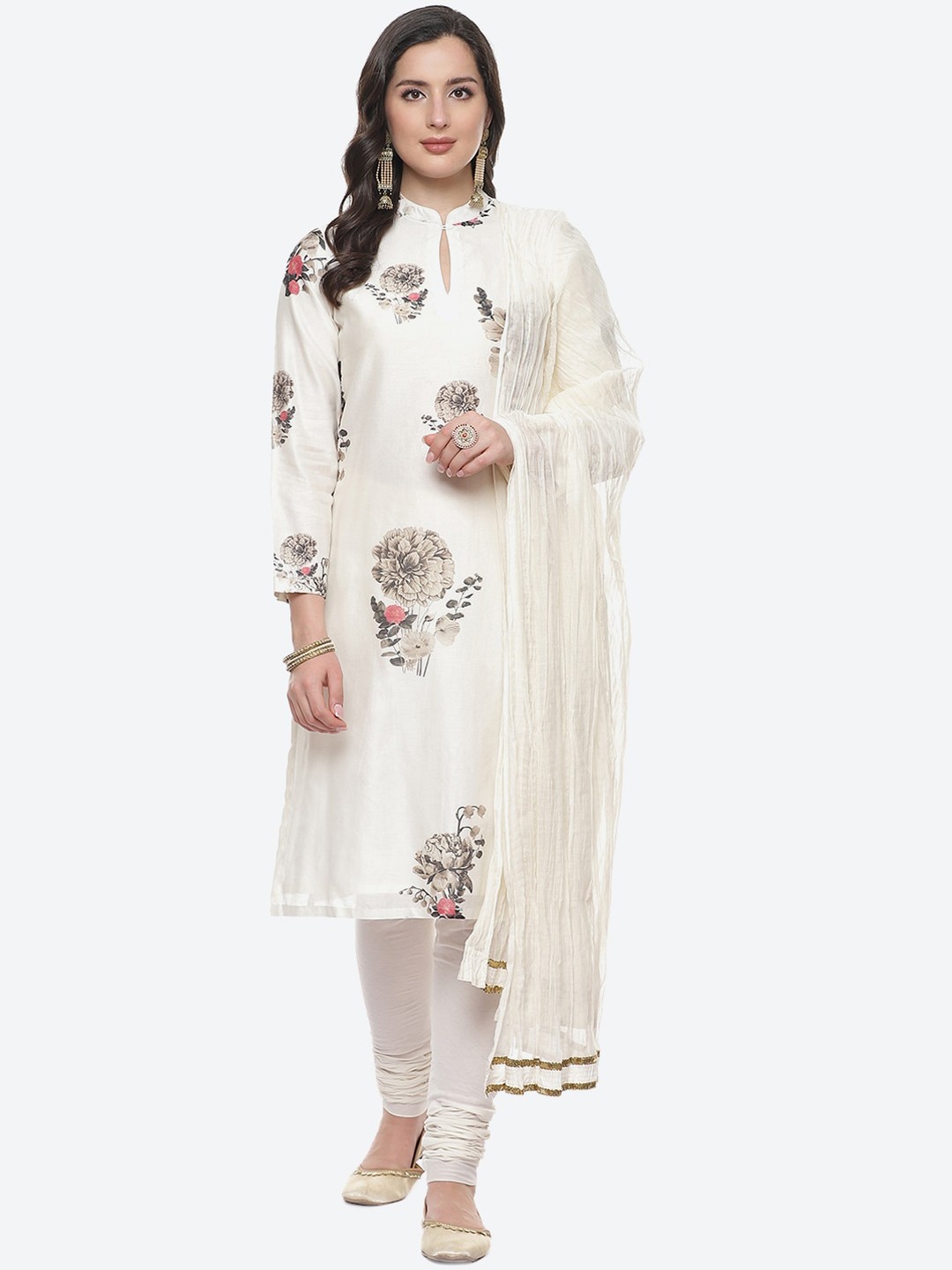 

Biba by Rohit Bal Women Off White Floral Printed Chanderi Silk Kurta Set With Dupatta