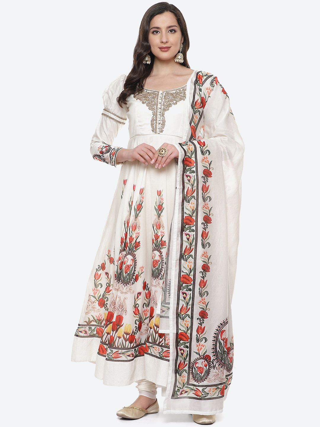 

Biba by Rohit Bal by Rohit Bal Women Off White Floral Embroidered Pleated Chanderi Silk Kurta Set