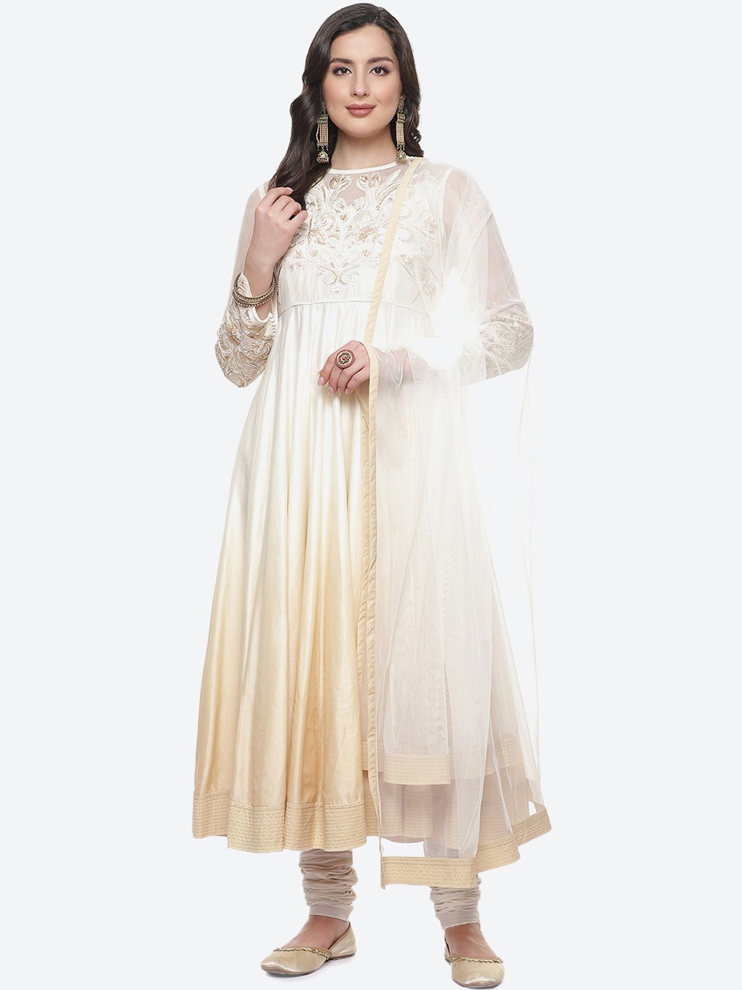 

Biba by Rohit Bal by Rohit Bal Off White Ethnic Motifs Embroidered Panelled Chanderi Silk Kurta Set
