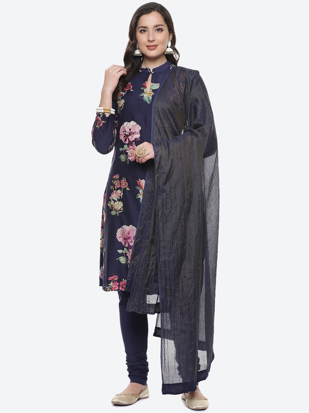 

Biba by Rohit Bal Navy Blue Floral Printed Chanderi Silk Kurta with Churidar & Dupatta