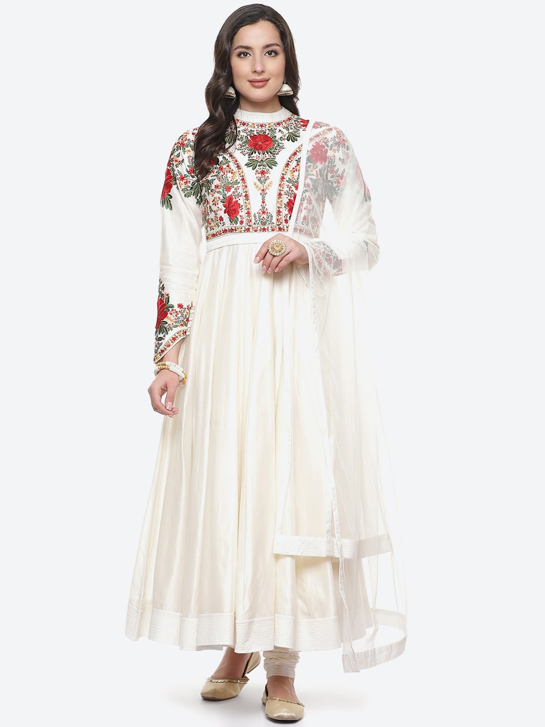 

Biba by Rohit Bal Women Off White Floral Embroidered Panelled Chanderi Silk Kurta Set