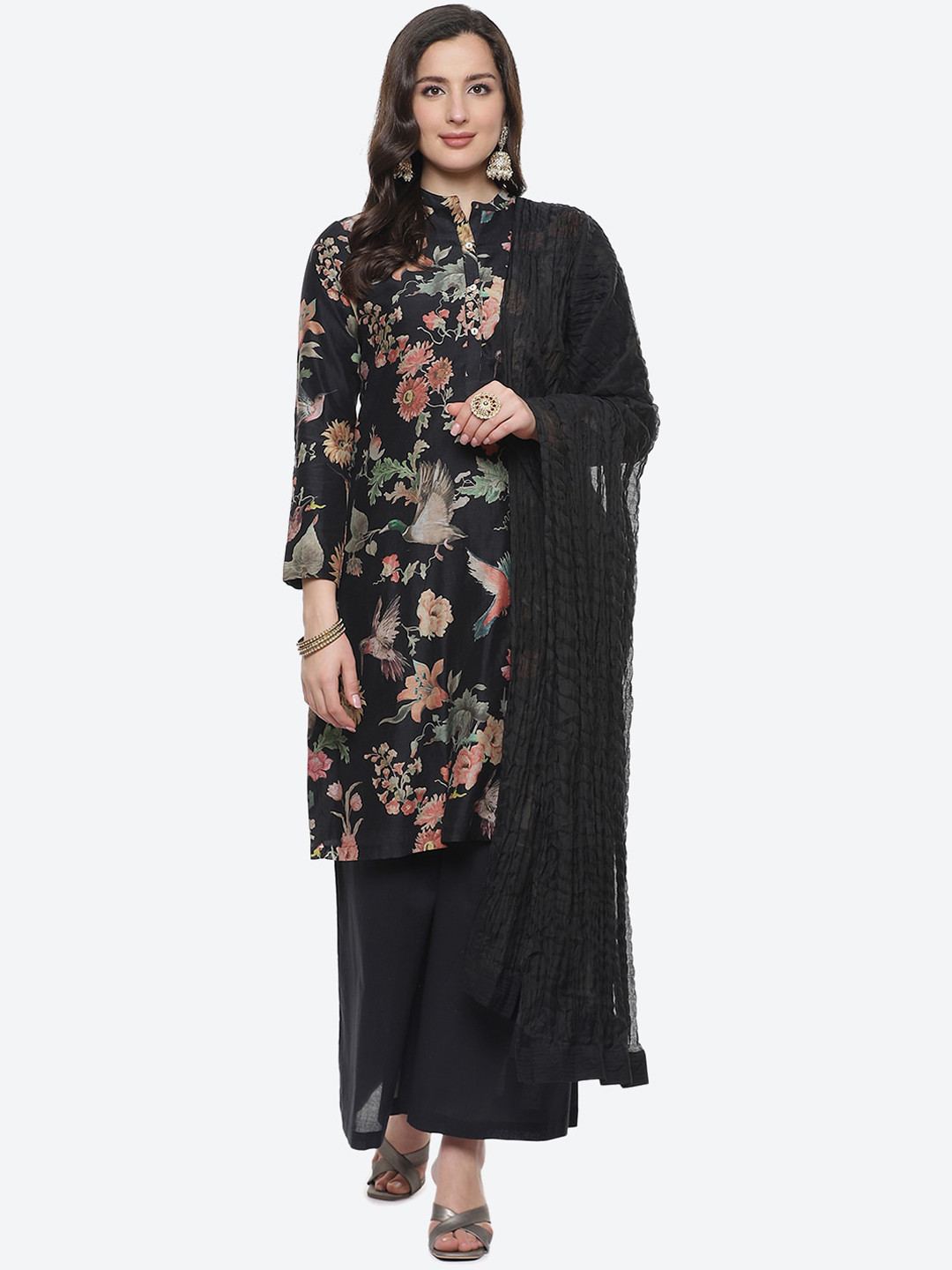 

Biba by Rohit Bal Women Black Floral Printed Chanderi Silk Kurta with Sharara & Dupatta