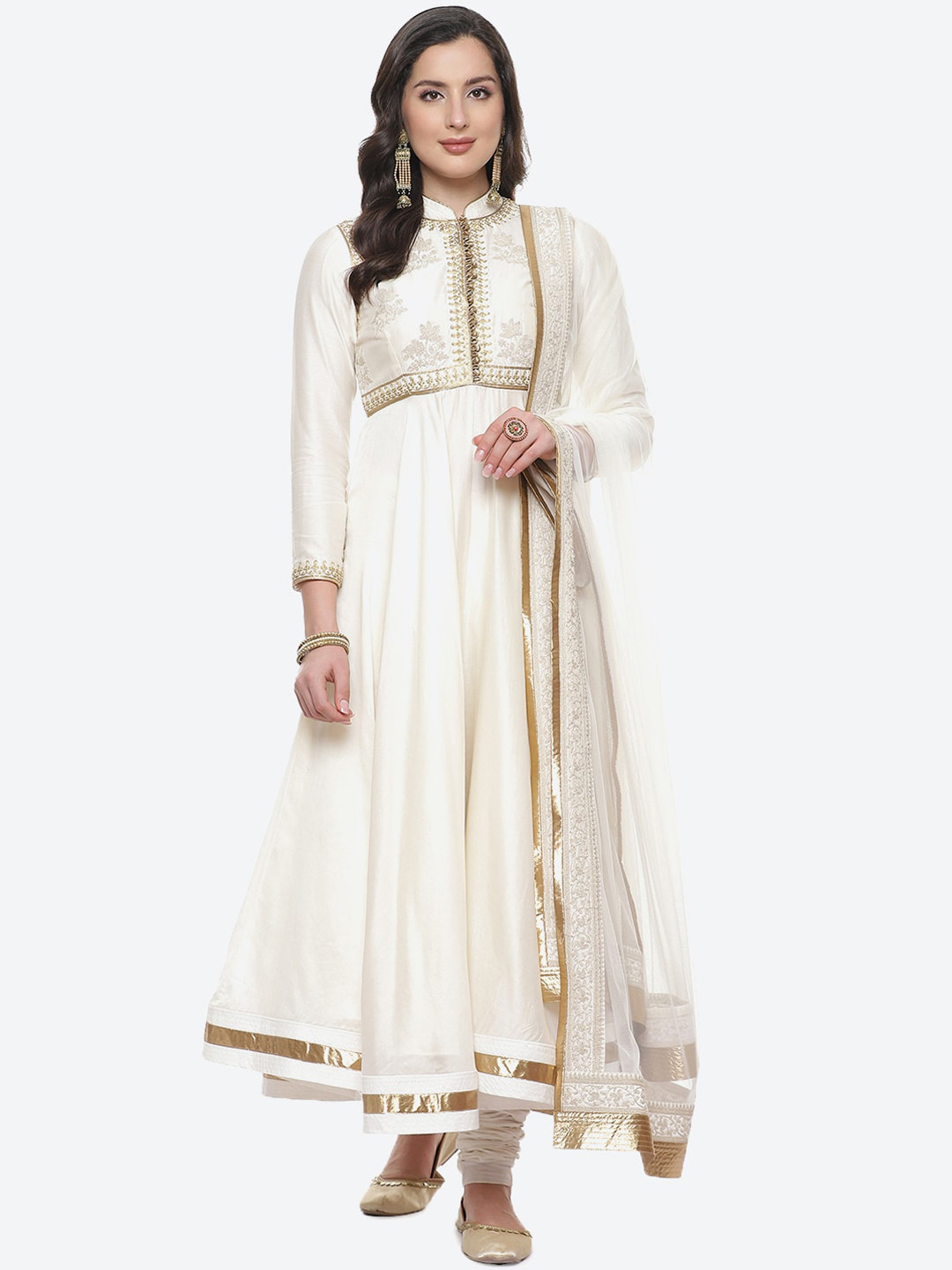 

Biba by Rohit Bal by Rohit Bal Off White Ethnic Motifs Embroidered Panelled Chanderi Silk Kurta Set