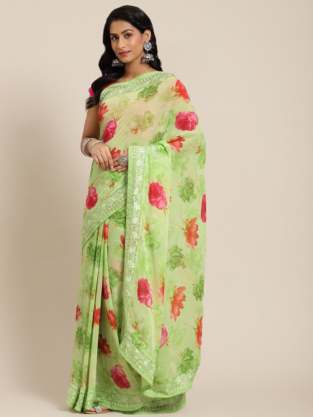 

SHANGRILA Green & Pink Floral Saree