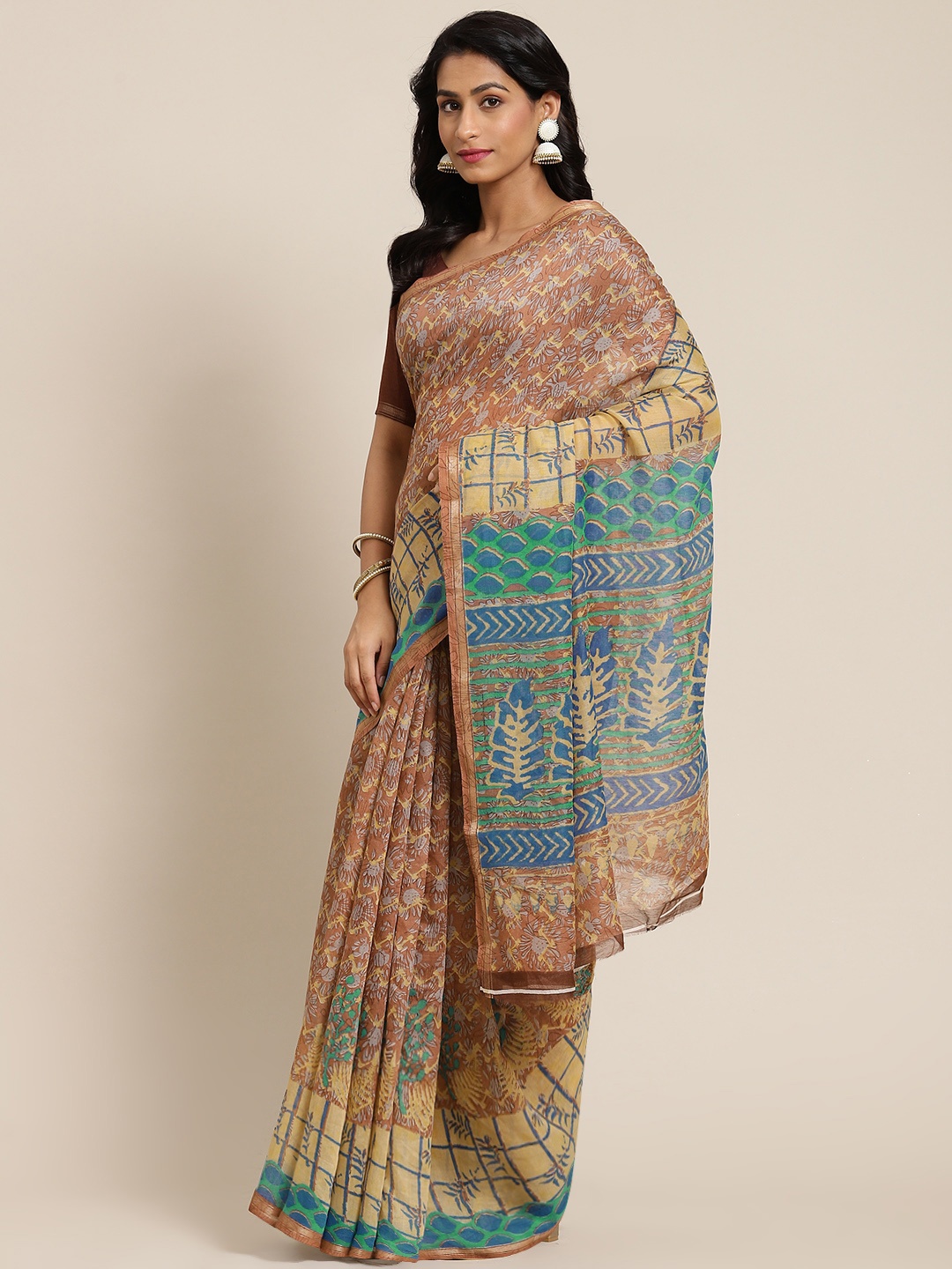 

SHANGRILA Brown & Blue Printed Saree