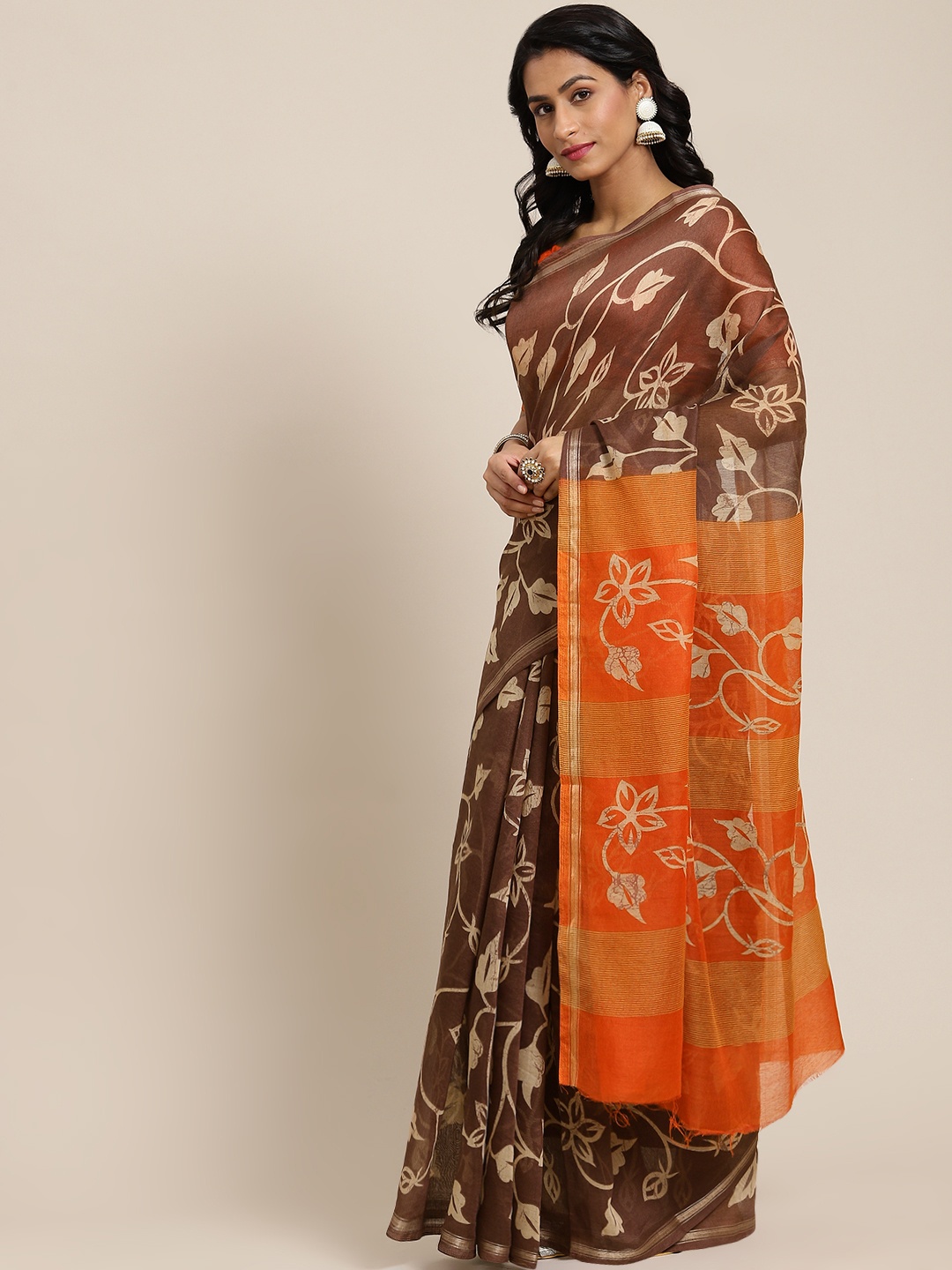 

SHANGRILA Brown & Orange Floral Saree
