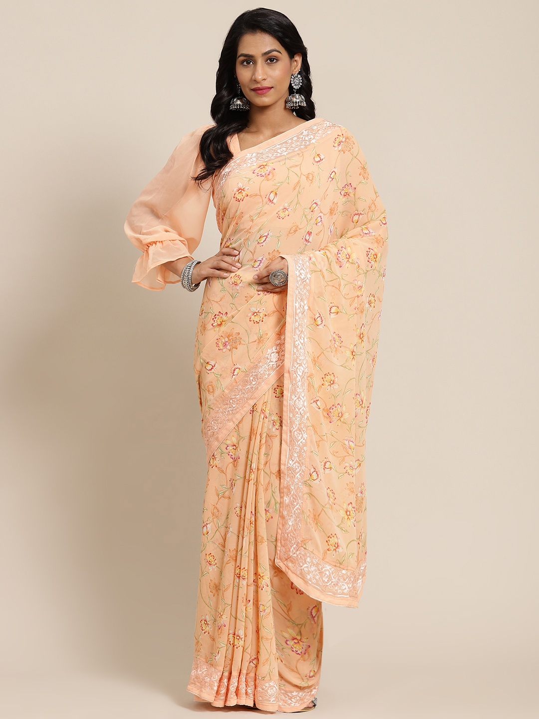 

SHANGRILA Peach-Coloured Floral Saree