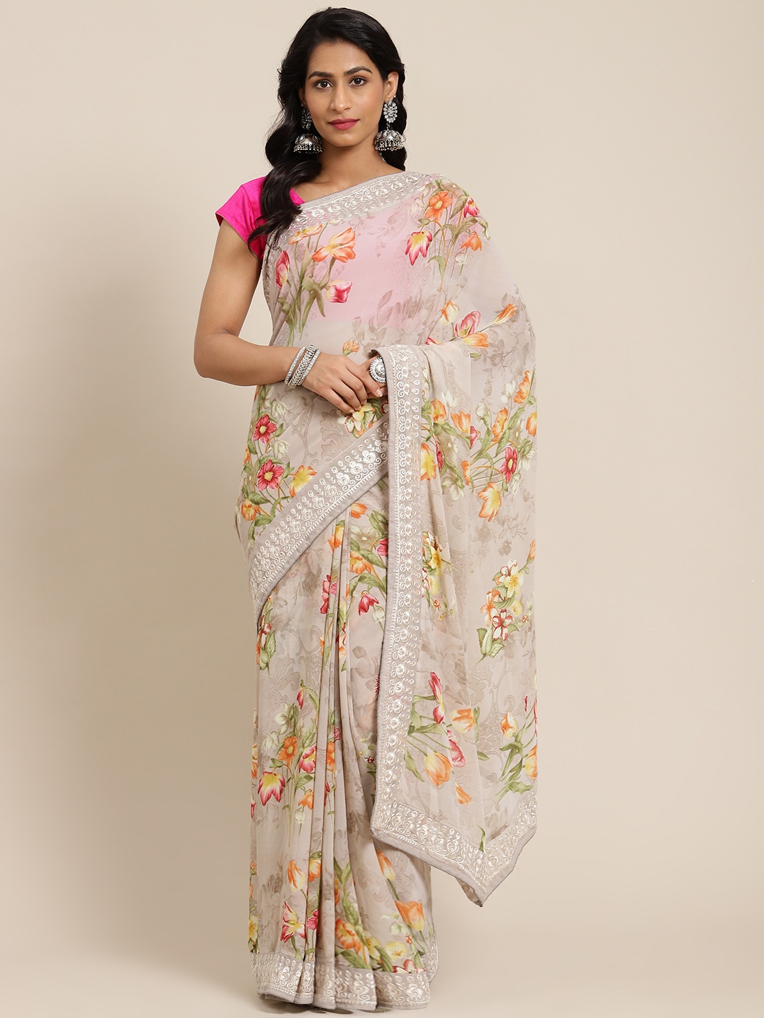 

SHANGRILA Beige Floral Saree