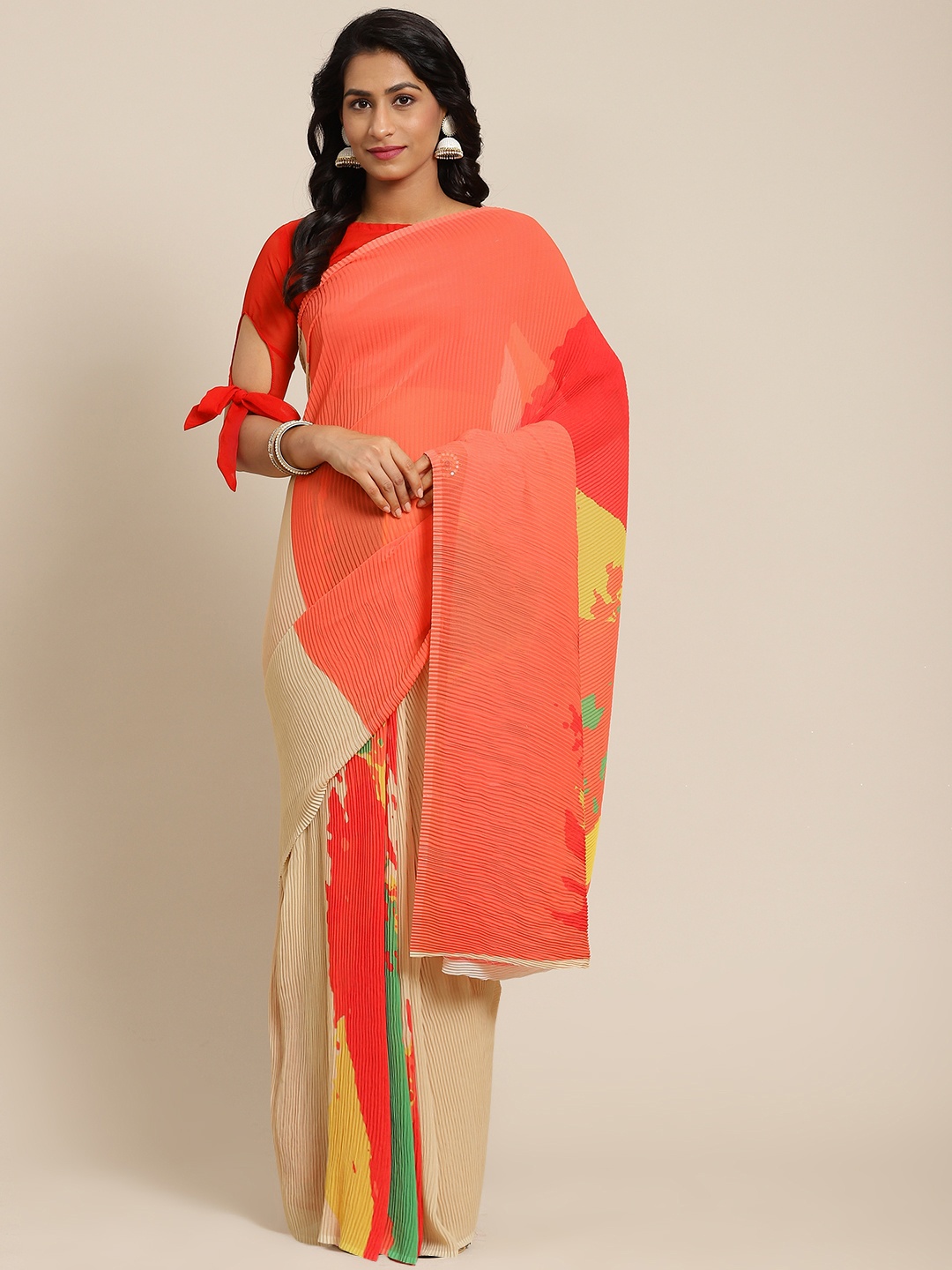 

SHANGRILA Beige & Coral Georgette Digital Printed Georgette Accordion Saree