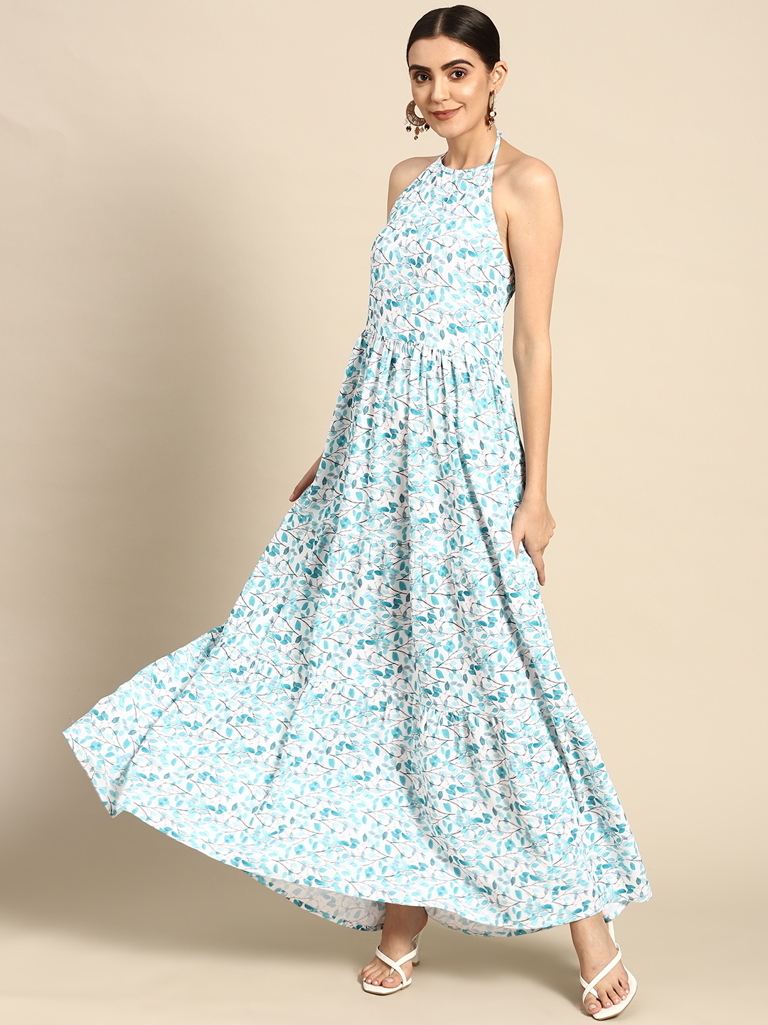 

Nayo Women White & Blue Floral Print Halter Neck Maxi Dress