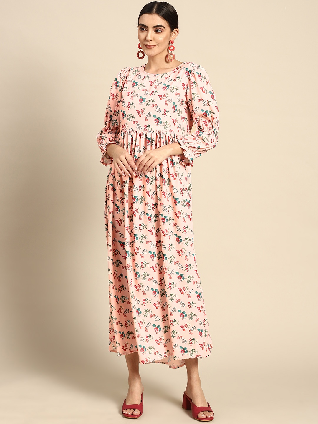 

Nayo Women Peach-Coloured & Green Floral Print A-Line Maxi Dress