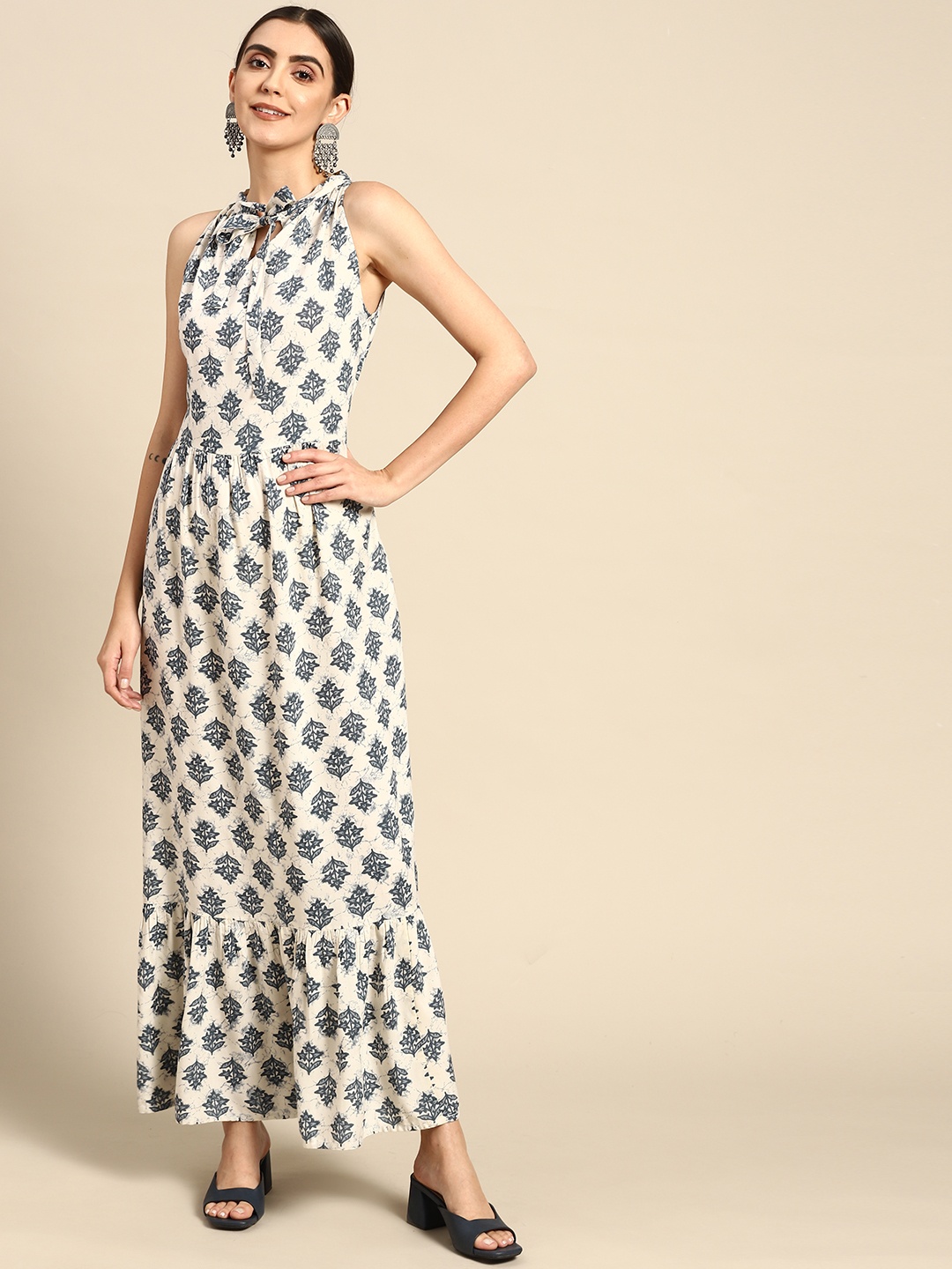

Nayo Women Off White & Blue Ethnic Motifs Print Halter Neck Maxi Dress