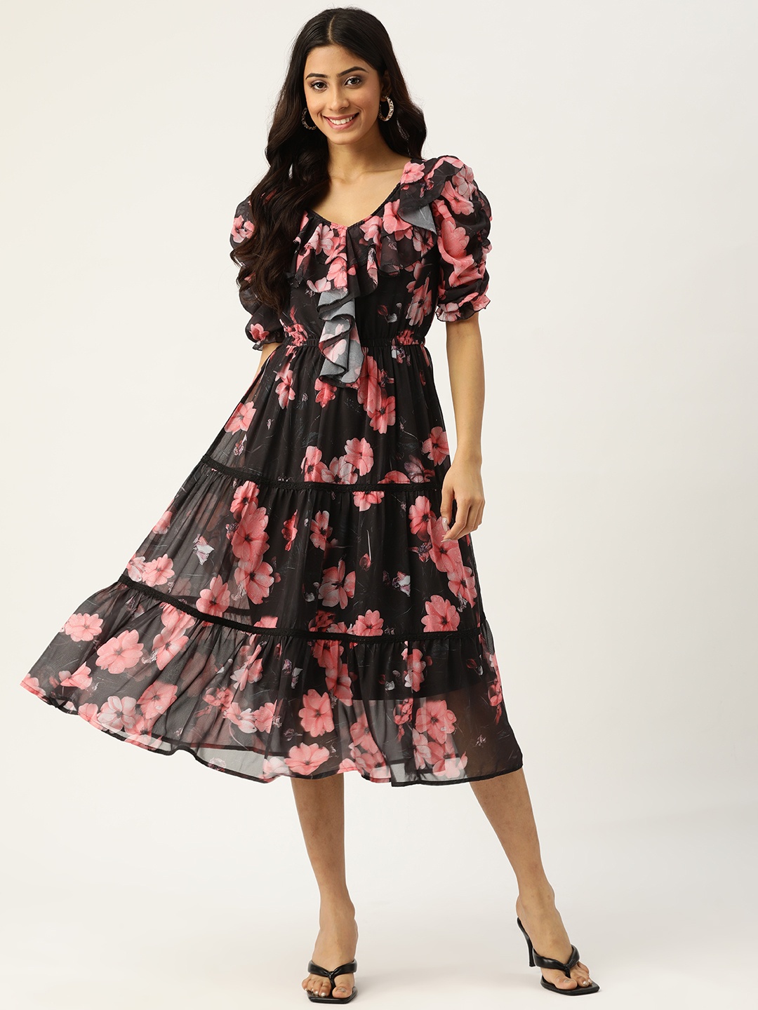

Deewa Black & Pink Floral Print Midi Tiered Dress