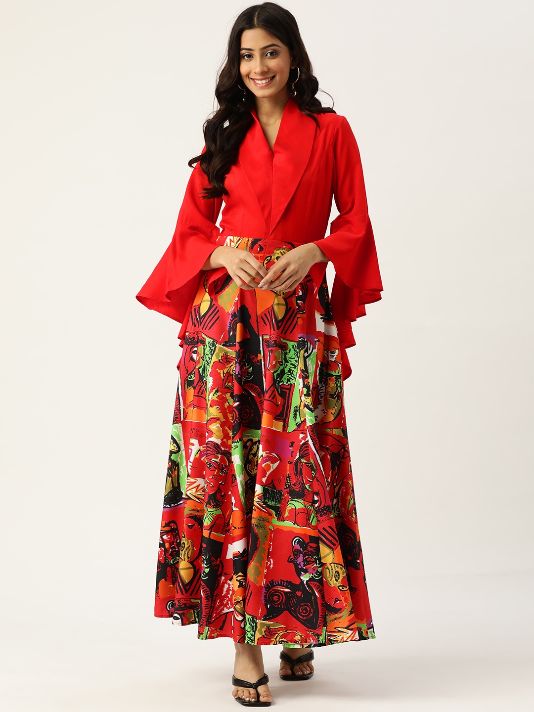 

Deewa Red & Orange Crepe A-Line Maxi Dress