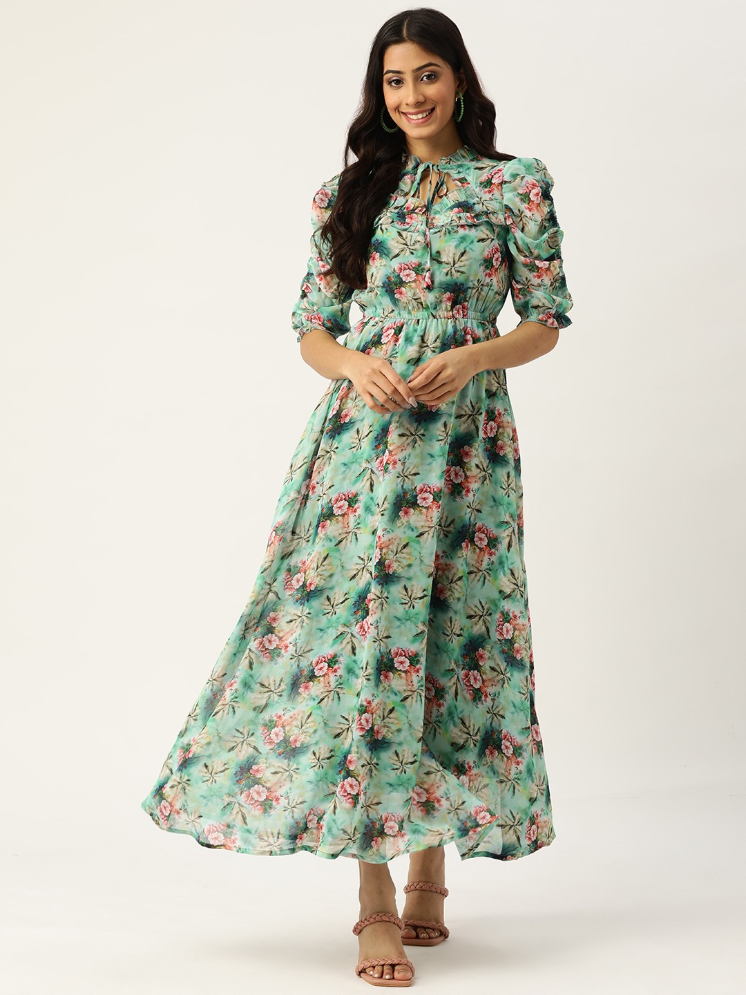 

Deewa Green & Pink Floral Print Tie-Up Neck A-Maxi Dress