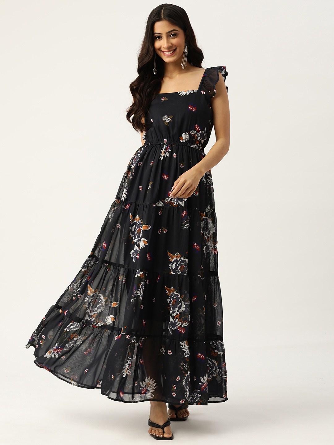 

Deewa Navy Blue & White Floral Print Tiered Maxi Dress